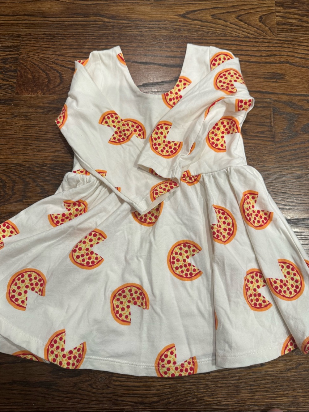 White Long-Sleeve Pizza Print Girls Dress